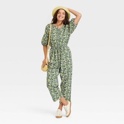Women's Puff 3/4 Sleeve Jumpsuit - Universal Thread™ Green Floral | Target