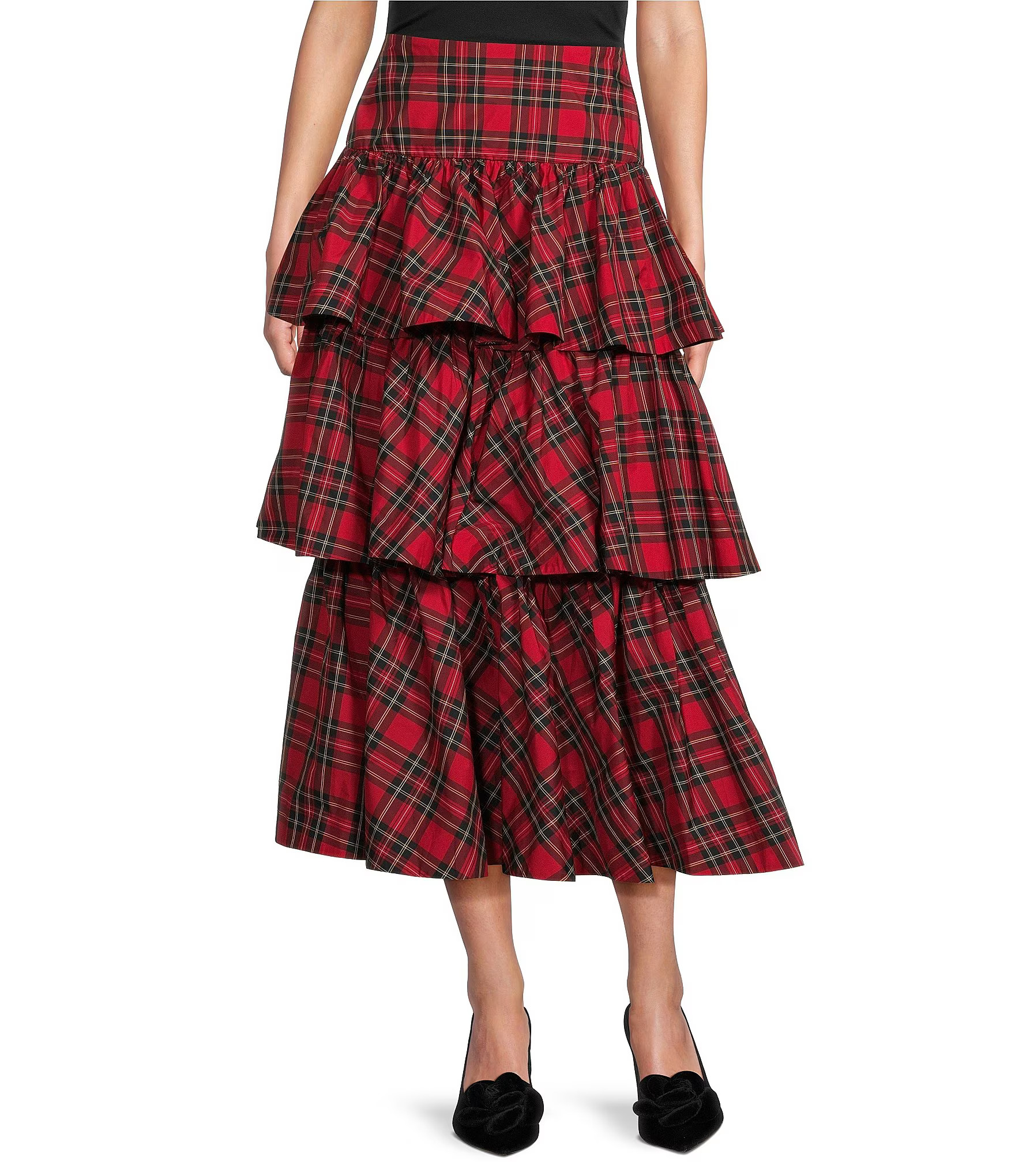 Maia Plaid High Rise Tiered A-Line Midi Skirt | Dillard's