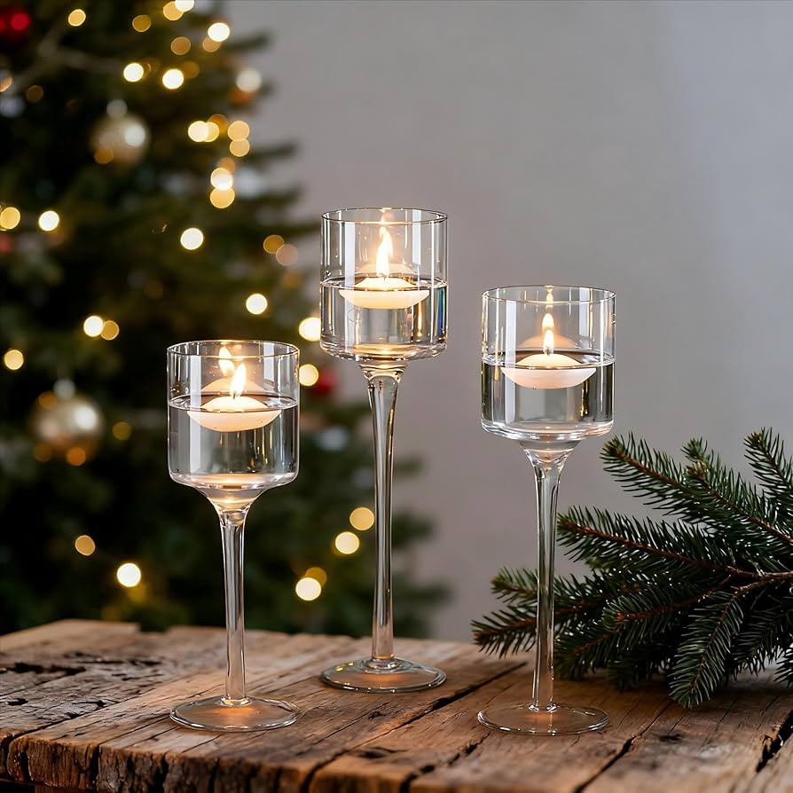 NUPTIO Tealight Candle Holders Glass: Set of 3 Long Stemmed Candle Stands for Dinner Table Center... | Amazon (US)