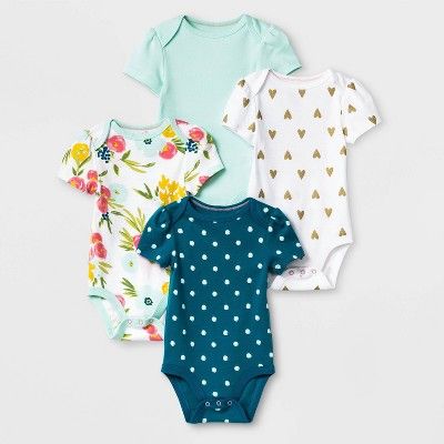 Baby Girls' 4pk Floral Fields Short Sleeve Bodysuit - Cloud Island™ Green/White | Target