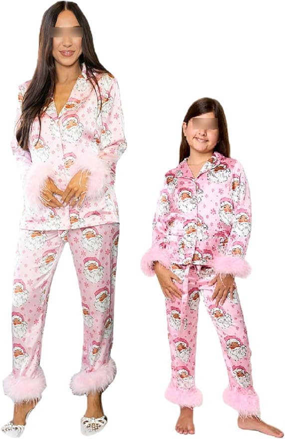 Mommy and Me Matching Christmas Pajamas Set Feather Fur Trim Xmas Pjs Set 2 Piece Silk Sleepwear ... | Amazon (US)