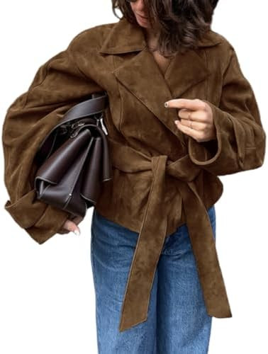 THLAI Womens Faux Suede Retro Jacket Long Sleeve Collar Moto Y2k Coat Outwear | Amazon (US)