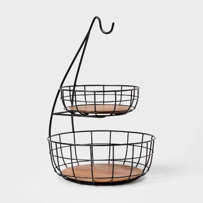 Iron and Mangowood Wire 2-Tier Fruit Basket with Banana Hanger Black - Threshold™: Traditional Mango Wood & Iron Design | Target