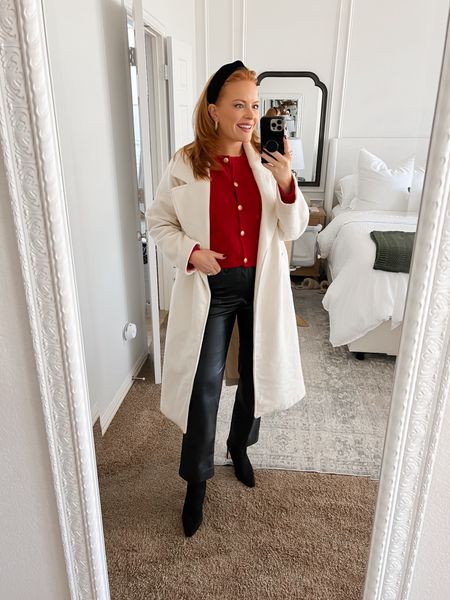 Todays christmas outfit to do christmas things🎅🏼🎄I love this red cardigan! Worn it so many times this season! 

Sizing:
Red jacket: small
Leather pants: 28S (I get the short option,tts)
Coat: smalll

#LTKSeasonal #LTKHoliday #LTKsalealert