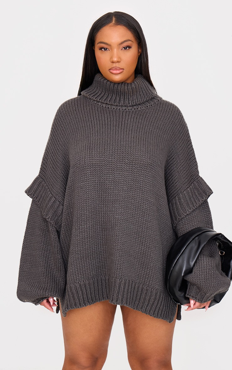 Plus Charcoal Grey Oversized Sleeve Detail Jumper Dress | PrettyLittleThing UK