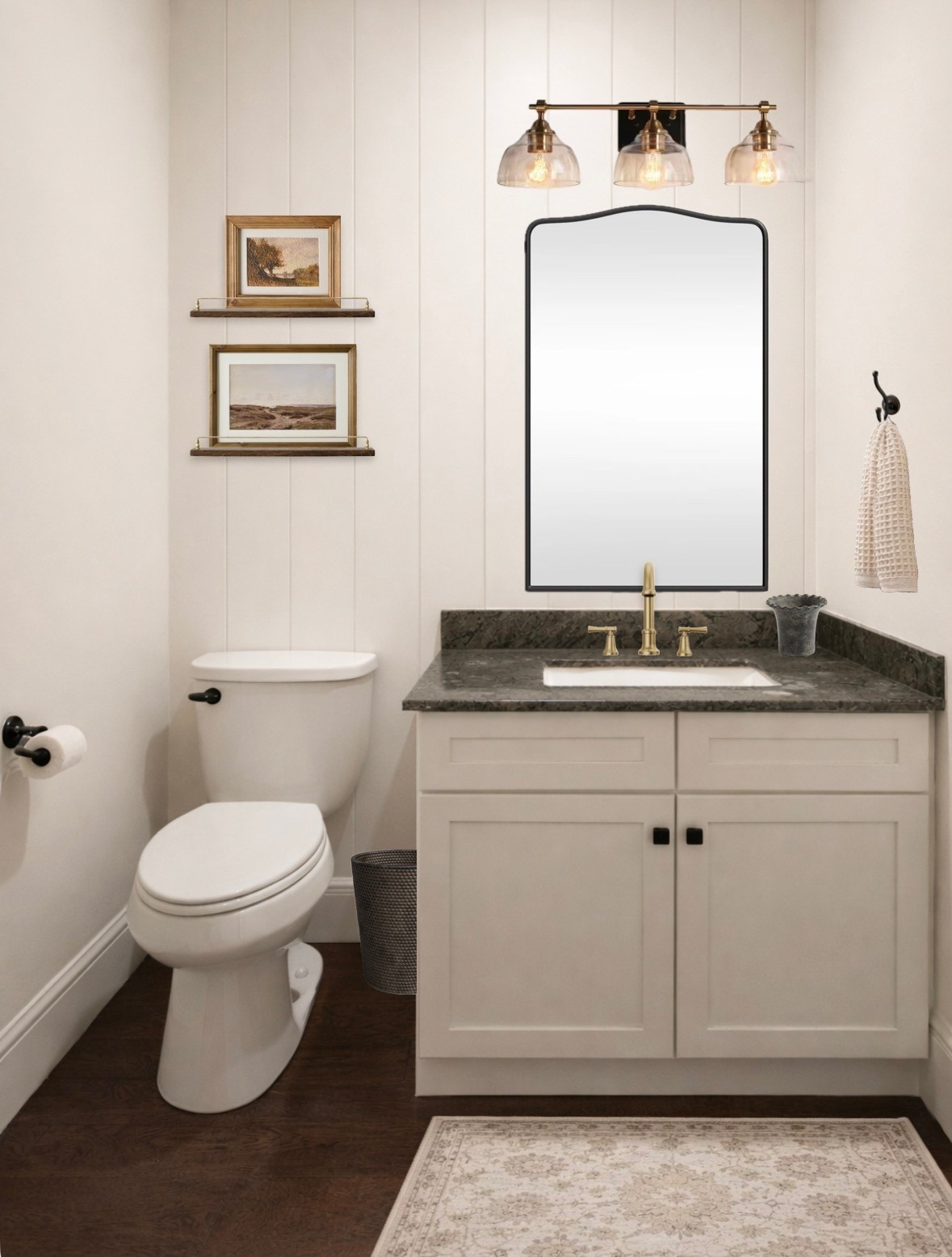 Simple, timeless half bath design 🤍
This is proof that a powder bath doesn’t need to be overdone to feel elevated. Soft neutrals, classic cabinetry, warm brass accents, and subtle texture come together for a look that feels calm, intentional, and timeless. I love adding vertical shiplap for quiet interest and keeping decor minimal so the space feels clean but still cozy. Everything linked here for an easy refresh 

#halfbathdesign #powderroominspo #neutralbathroom #modernfarmhousebath #classicinteriors #bathroomrefresh #ltkhome #houseofolson