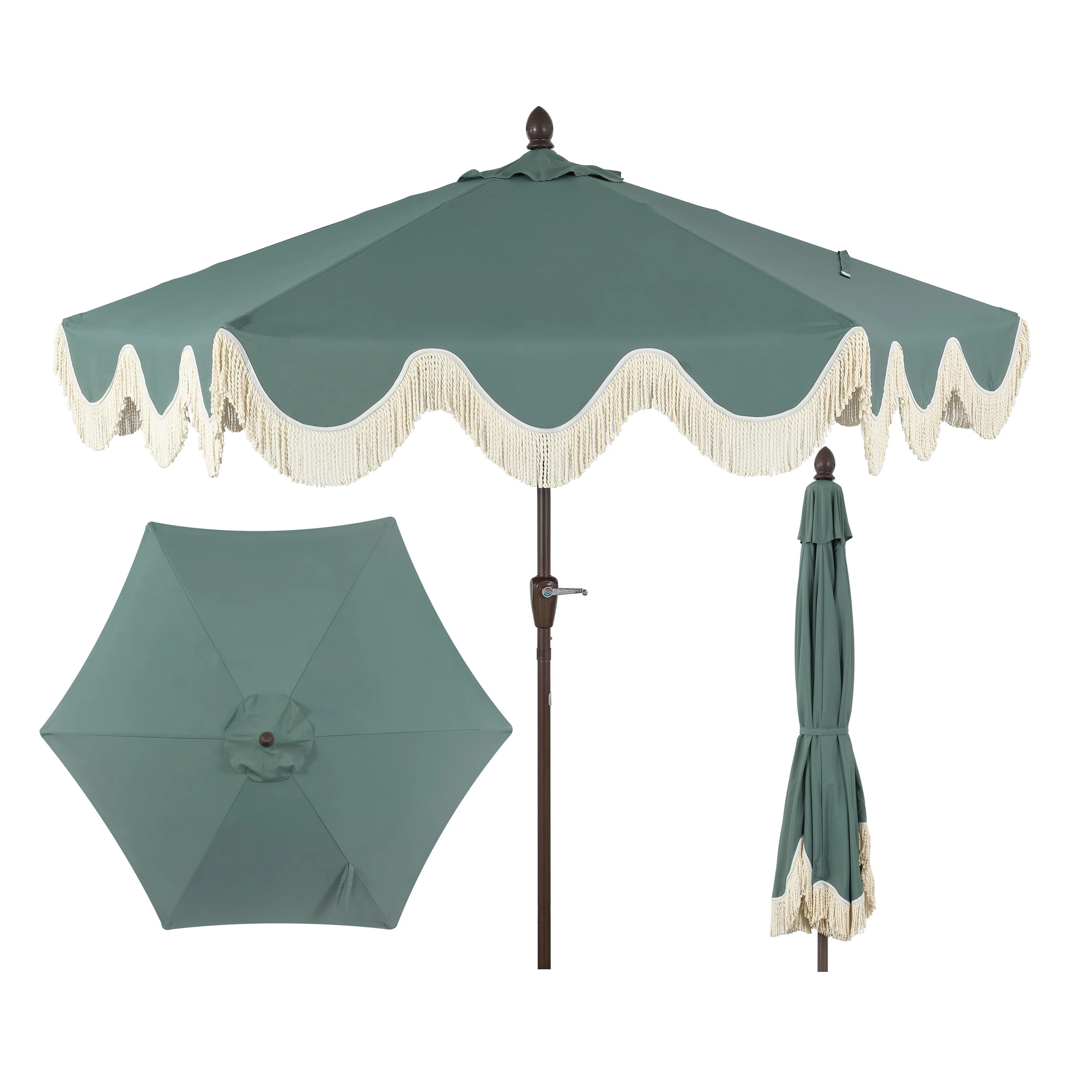 Teretha 9 ft. Classic Cottage Tassel Market Patio Umbrella with Auto-Tilt, Crank, and UV Protecti... | Wayfair North America