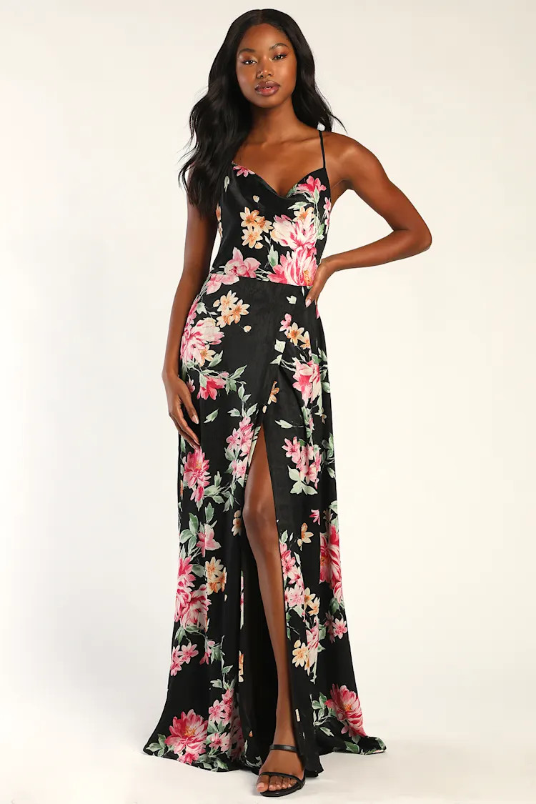 Love of Romance Black Floral Print Satin Cowl Neck Maxi Dress | Lulus (US)