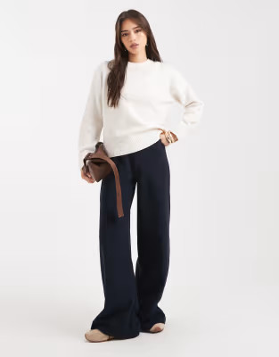 Miss Selfridge soft rib wide leg trouser in navy | ASOS (Global)