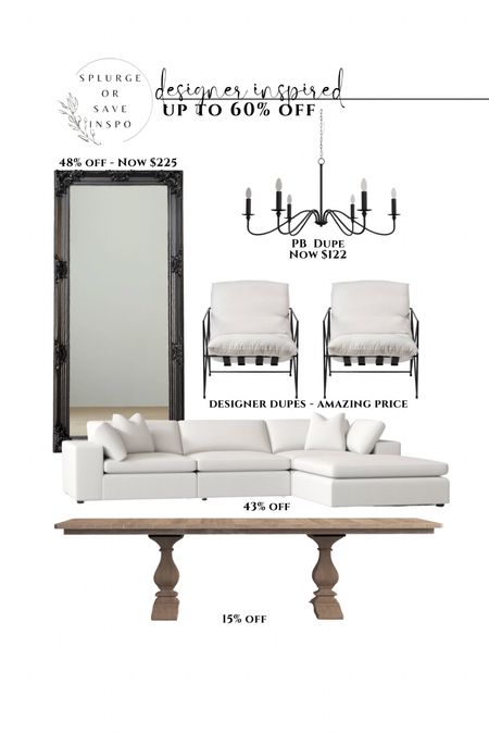 Designer dupe. Black floor mirror. Trestle dining table. White oak dining table. White modern chair. White accent chair. Pottery barn dupe. White sectional. Modern sectional. Rustic chandelier. Wayfair end of year clearance. 

#LTKsalealert #LTKhome