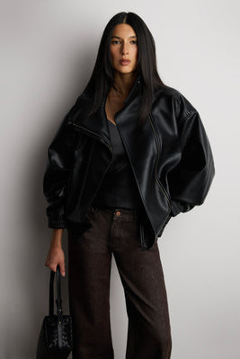 VEGAN LEATHER FUNNEL NECK JACKET Black / Medium | OAK + FORT