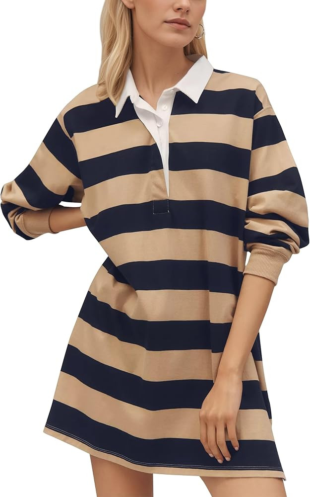 Women Striped Lapel V Neck Long Sleeve Mini T Shirt Dress Collar Contrast Short Dress Casual Stri... | Amazon (US)