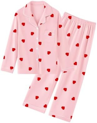 QZH.DUAO Girl & Women's 100% Cotton Pajamas Set Long Sleeve Button Down Sleepwear Nightwear Soft ... | Amazon (US)