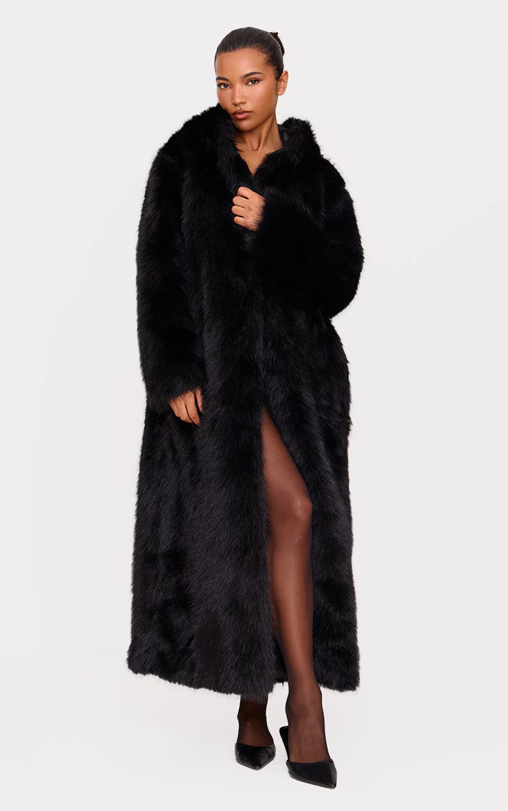 Black Hooded Faux Fur Maxi Coat | Pretty Little Thing (Australia & New Zealand)