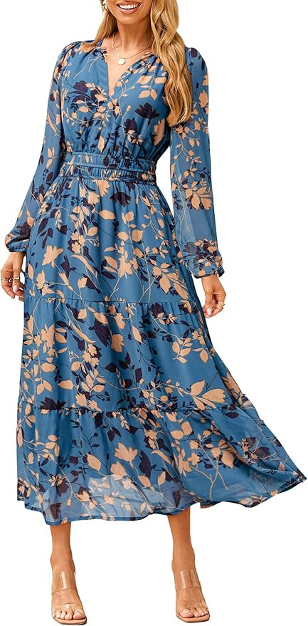 Simplee Women's Floral Boho Long Sleeve Maxi Dress V Neck Empire Waist Swing Flowy Wedding Guest ... | Amazon (US)