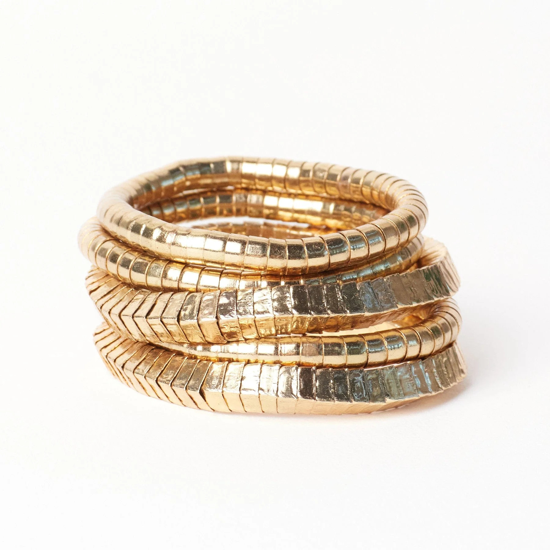 Lucille Round + Square Bead Stretch Bracelet Stack Brass Set of 5 | INK+ALLOY
