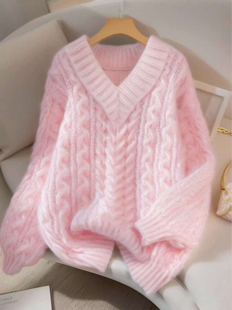 Franclia New Loose Soft Sweet Pink Slouchy Design V-Neck Thick Cable Knit Pullover Sweater For Wo... | SHEIN