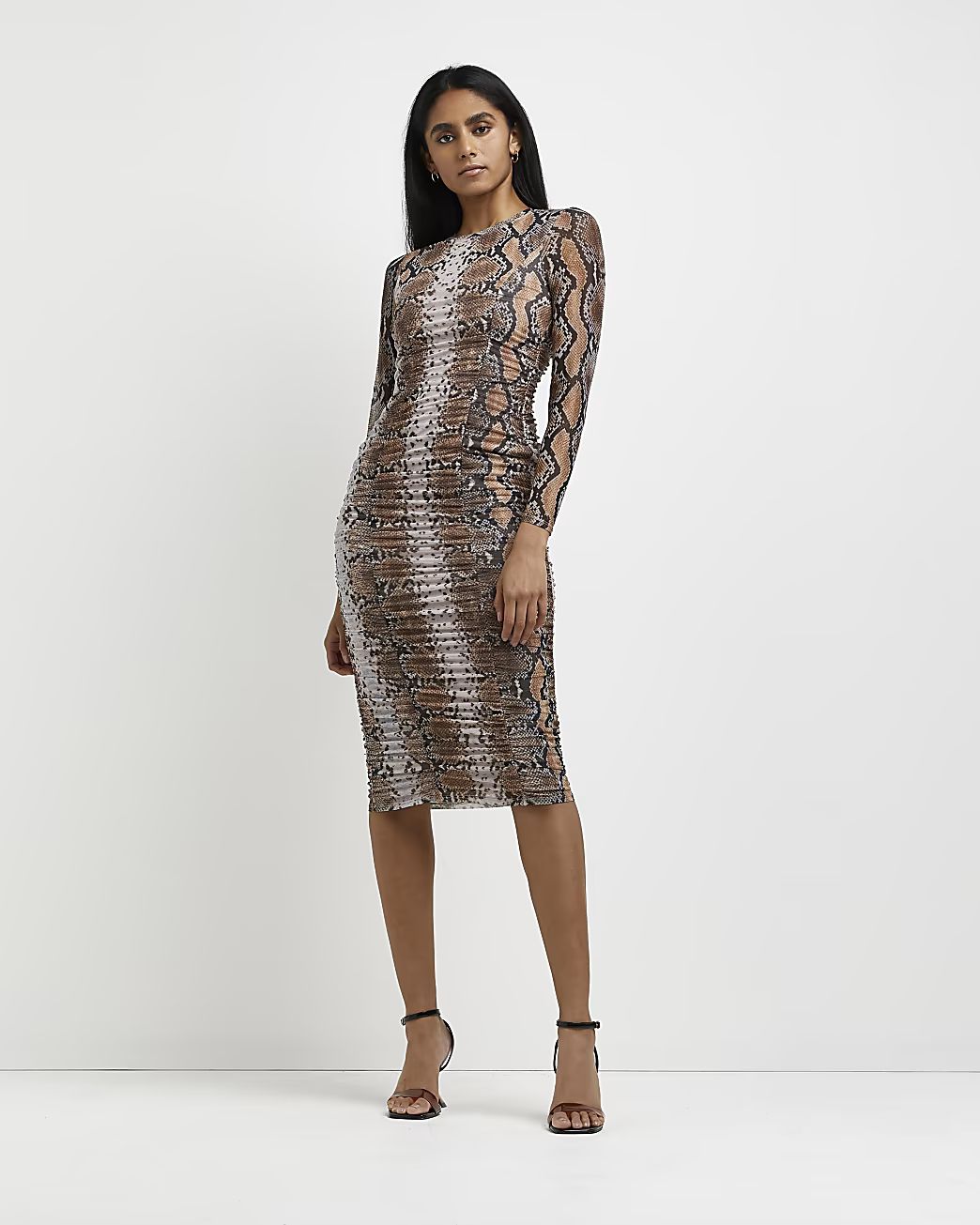 River Island Womens Brown snake print bodycon midi dress | River Island (US)