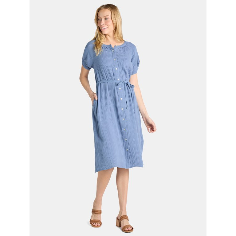 Time and Tru Women’s Cotton Double Cloth Midi Dress, Sizes XS-XXXL | Walmart (US)