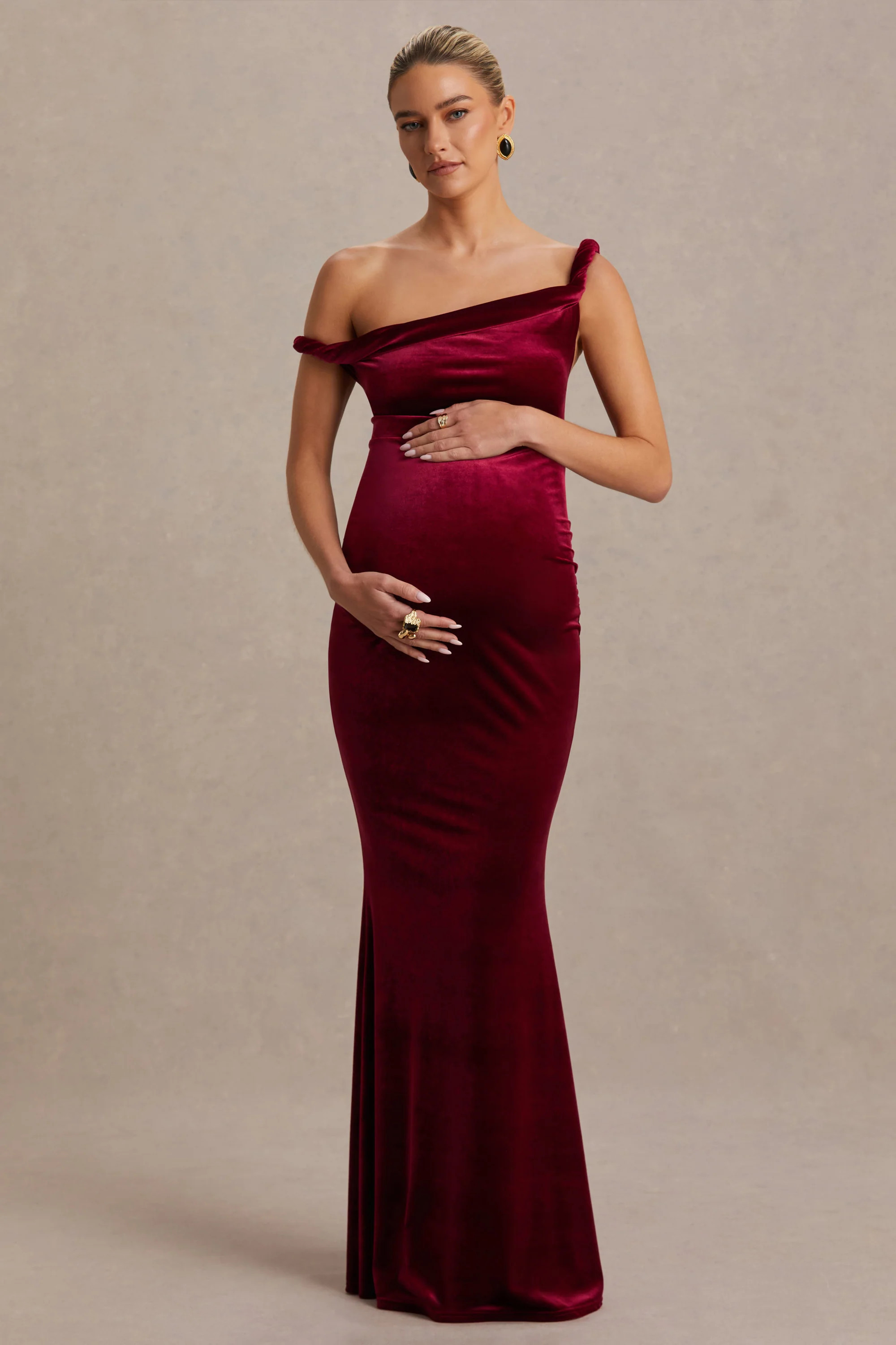 Tallulah | Burgundy Velvet Asymmetric-Neck Maternity Maxi Dress With Twist-Sleeve | Club L London