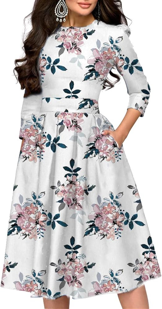 Simple Flavor Women's Floral Evening Flare Vintage Midi Dress 3/4 Sleeve | Amazon (US)