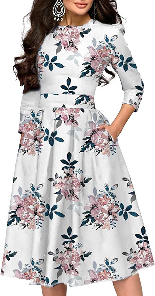 Simple Flavor Women's Floral Evening Flare Vintage Midi Dress 3/4 Sleeve | Amazon (US)
