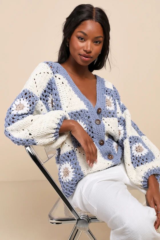 Myriam Blue & White Daisy Crochet Button-Up Cardigan Sweater | Lulus