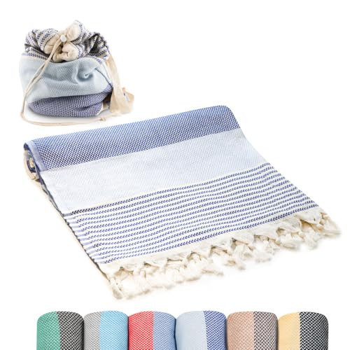 ATANI Turkish Beach Towel (71x39 Inches), Converts to a Bag, Oversized 100% Cotton Bath Towels Lightweight Quick-Dry Beach Blanket for Travel, Picnic, Camping, Yoga and Pool (Blue) | Amazon (US)