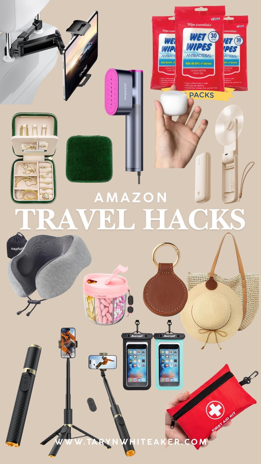 Amazon travel hacks that make every trip easier. From airplane must haves to beach vacation essentials, these are the travel finds I actually keep packed and ready to go. The phone holder, jewelry case, portable fan, waterproof phone pouch, travel pillow, and mini first aid kit are so good for summer trips, road trips, flights, and pool days. Everything linked in my LTK.

#LTKSeasonal #LTKHome