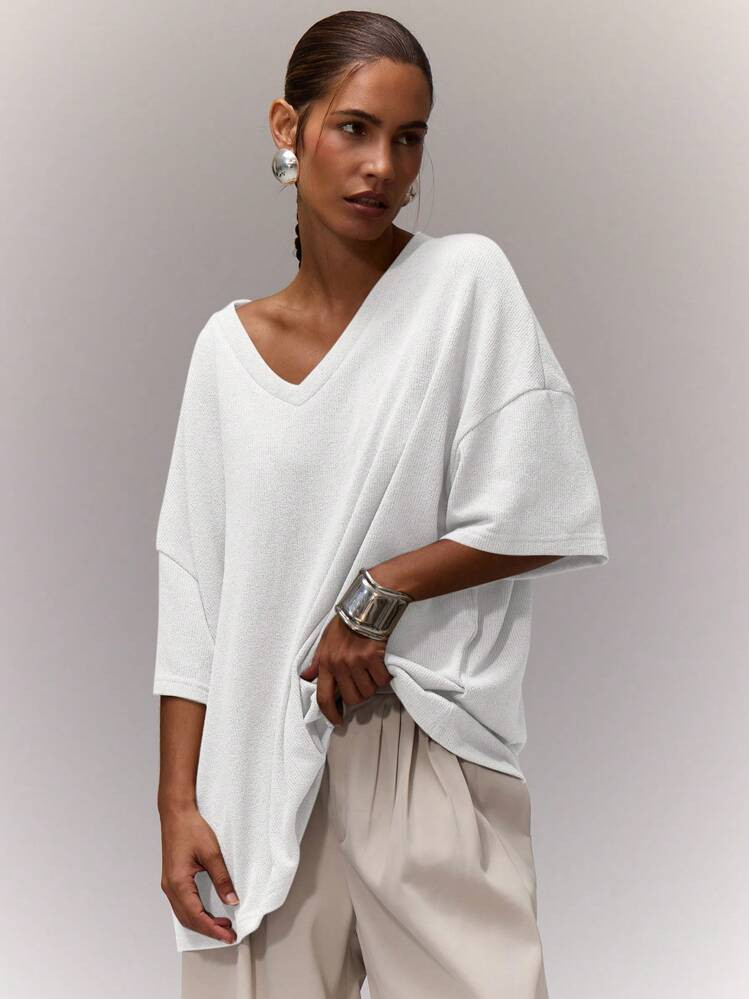 MUSERA V Neck Oversized Top Casual Vacation Casual Cute Capsule Wardrobe Everyday Oversized Tee Airport Elegant Spring Summer Holiday | SHEIN