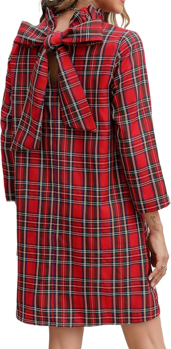 Kedera Women's Fall Bow Tie Dress Casual Mini Dress Ruffle Mock Neck Long Sleeve Dress Swing Eleg... | Amazon (US)