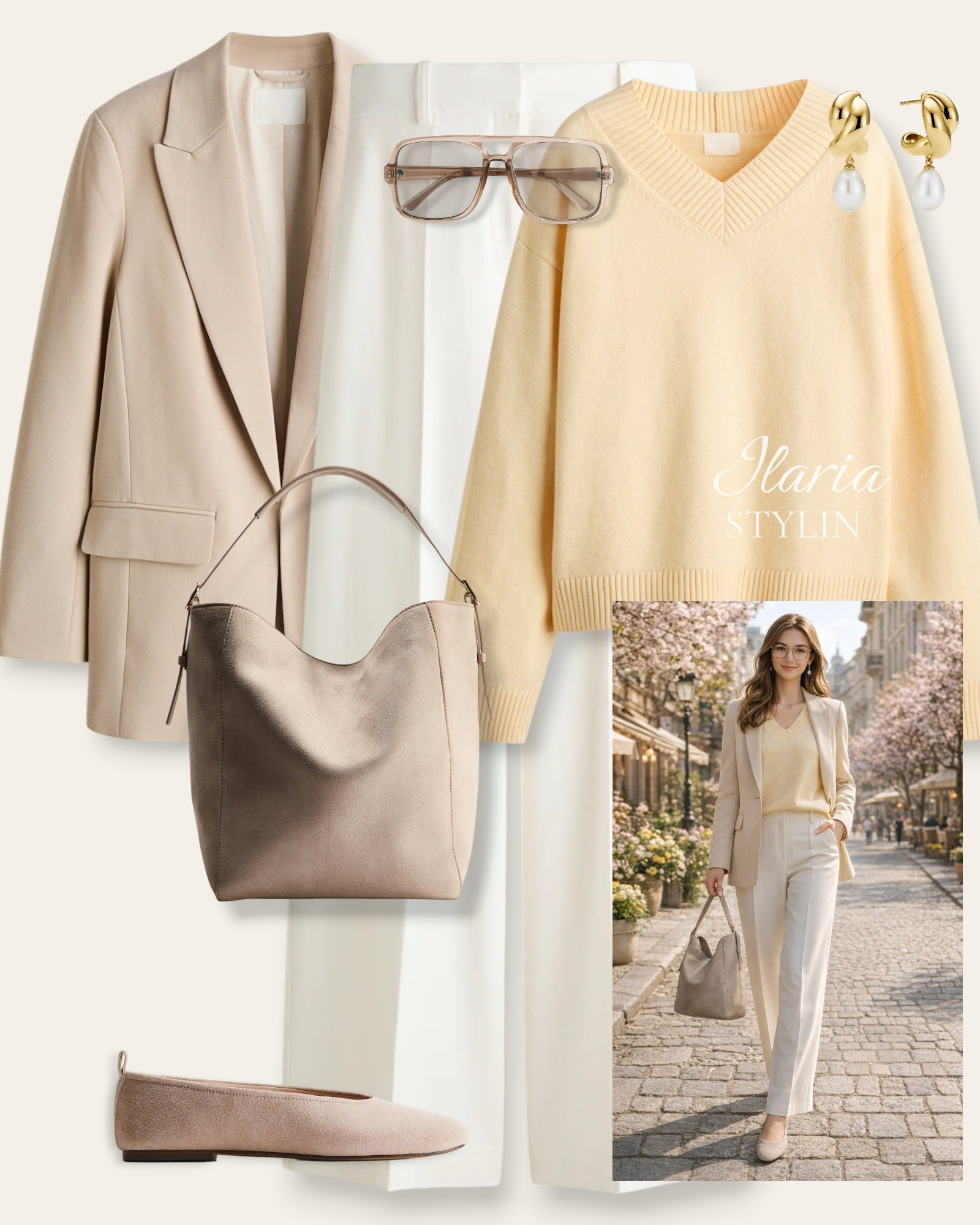 Soft neutrals, strong presence 🤍✨     Where elegance meets effortlessness—tailored layers, cozy textures, and timeless tones for a look that speaks without saying a word 💫outfit ideas, spring outfit, beige blazer, v-neck sweater, yellow sweater, white pants, wide leg pants, dressmpants, linen blend pants, beige ballet flats, suede flats, beige bag, suede bag, shoulder bag, suede bag, casual outfit, casual chic outfit

#LTKSeasonal #LTKootd #LTKWorkwear