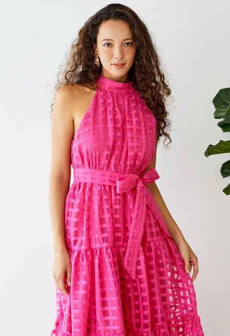 Check Halter Neck Tie Waist Maxi Dress in Hot Pink | Chicwish