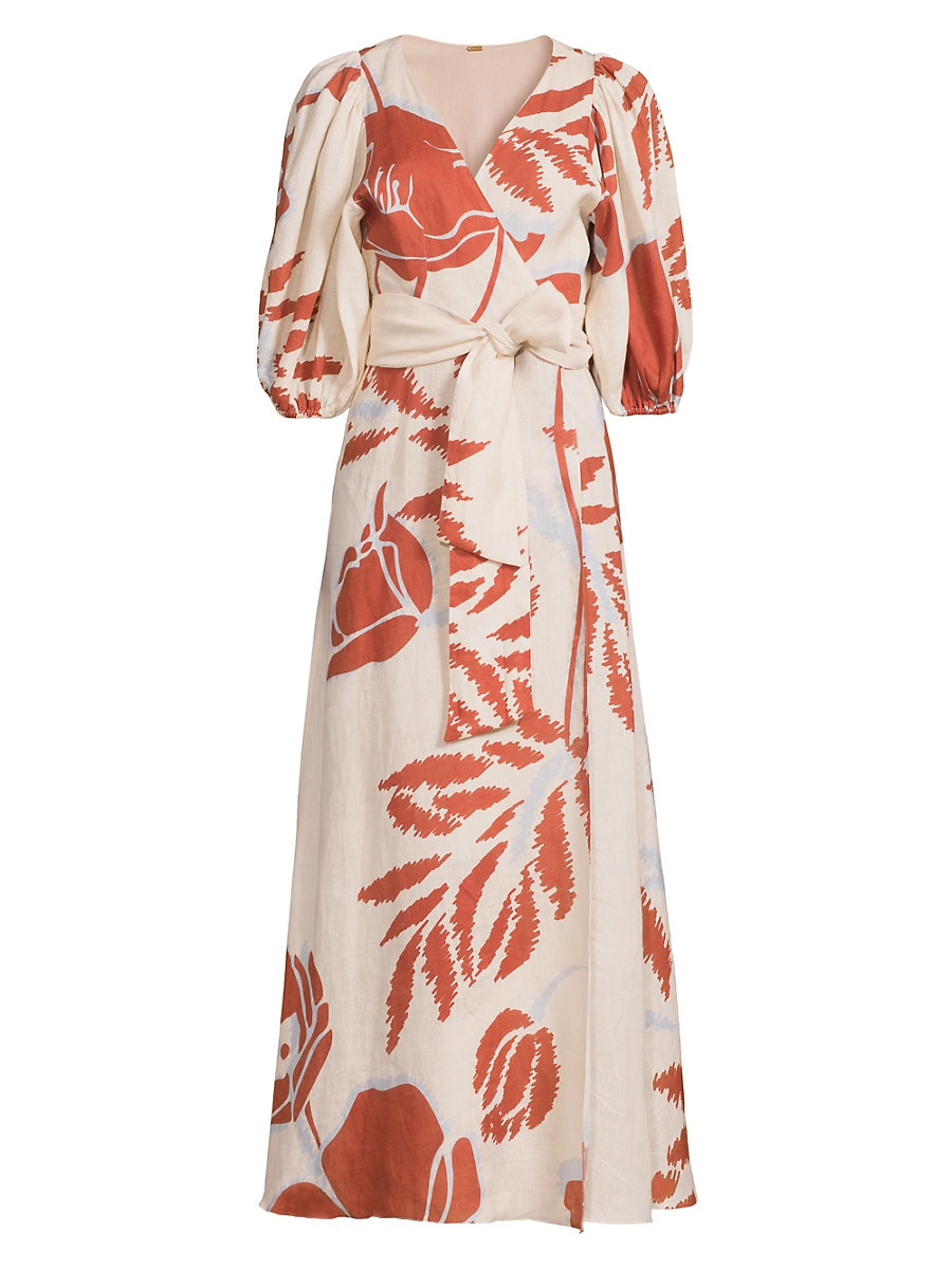 Women's Ermita Linen Wrap Midi-Dress - Ecru Orange Gladiolos - Size Medium | Saks Fifth Avenue