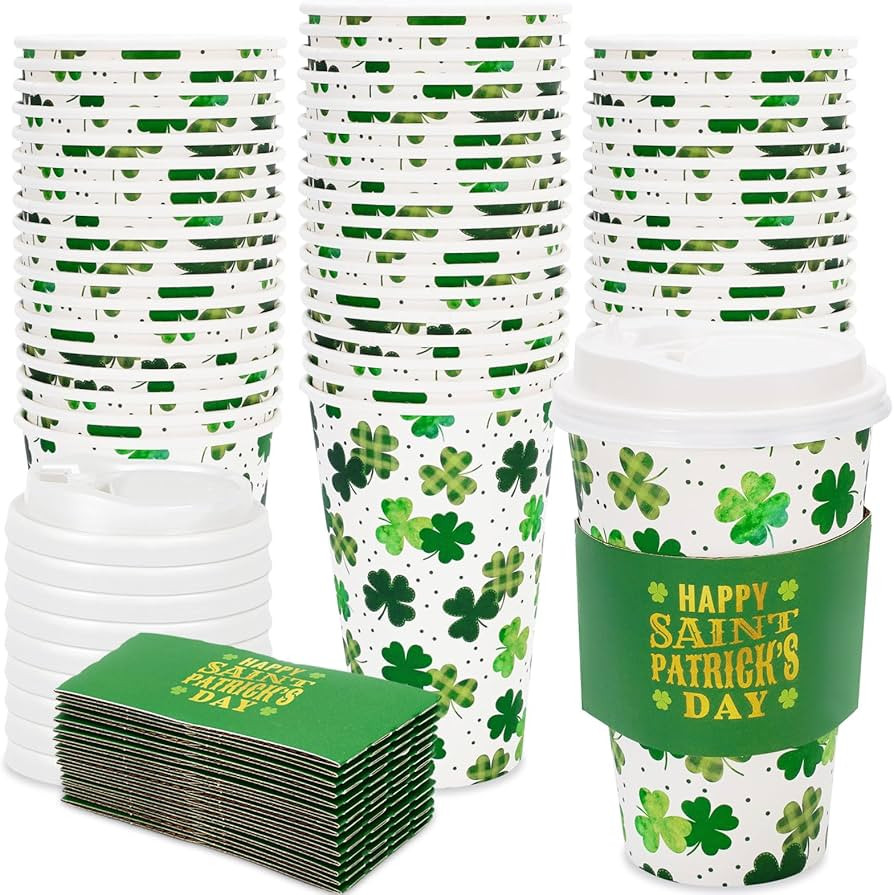 JarThenaAMCS 48 Pack St. Patrick's Day Disposable Coffee Cups with Lids and Sleeves 16 oz Green S... | Amazon (US)