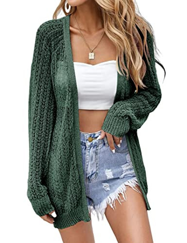 Women Crochet Lightweight Cardigan Long Sleeve Open Front Summer Cardigan Sweater Green | Amazon (US)