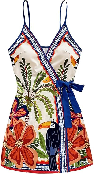 SOLY HUX Women's Tropical Print Mini Dress Summer Wrap V Neck Bow Tie Vacation Dresses | Amazon (US)