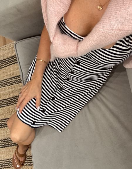 Sezane striped ribbed jersey dress I sized up to a M with my 32D chest. The Sezane sweater collection addiction is real! Added a powder pink! 
-comfy sandals on replete. 30% off

#LTKOver40 #LTKStyleTip #LTKTravel