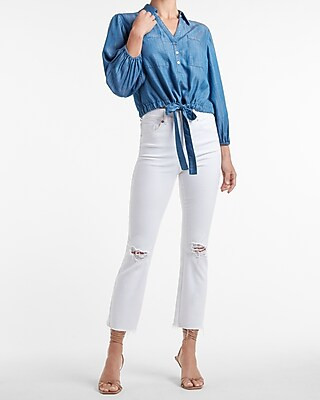 Cropped Balloon Sleeve Denim Shirt | Express
