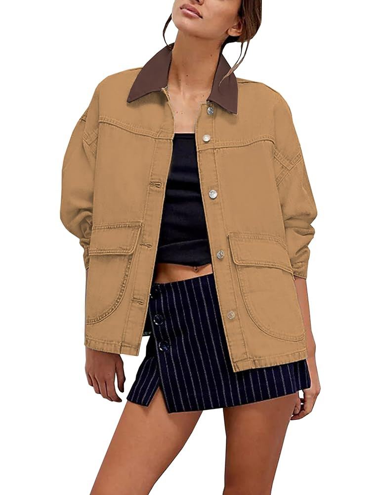 Lumister Women's Oversized Denim Jacket with Contrast Trim Long Sleeve Button Down Jean Coat with... | Amazon (US)