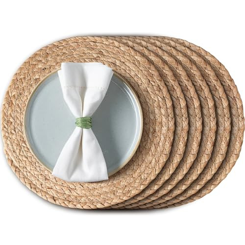 Aofmee 13.8 inch Round Woven Placemats Set of 6, Boho Rattan Place Mats, Natural Water Hyacinth Table Placemats, Farmhouse Weave Table Mats, Rustic Braided Wicker Charger Plates for Dining Table Decor | Amazon (US)