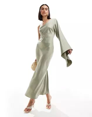 New Look one shoulder long sleeved satin dress in light khaki | ASOS (Global)