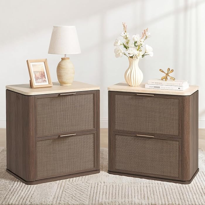 Night Stand Set of 2, 23.11" W Rattan Nightstand with 2 Drawers, Faux Marble Top Bedside Table, B... | Amazon (US)