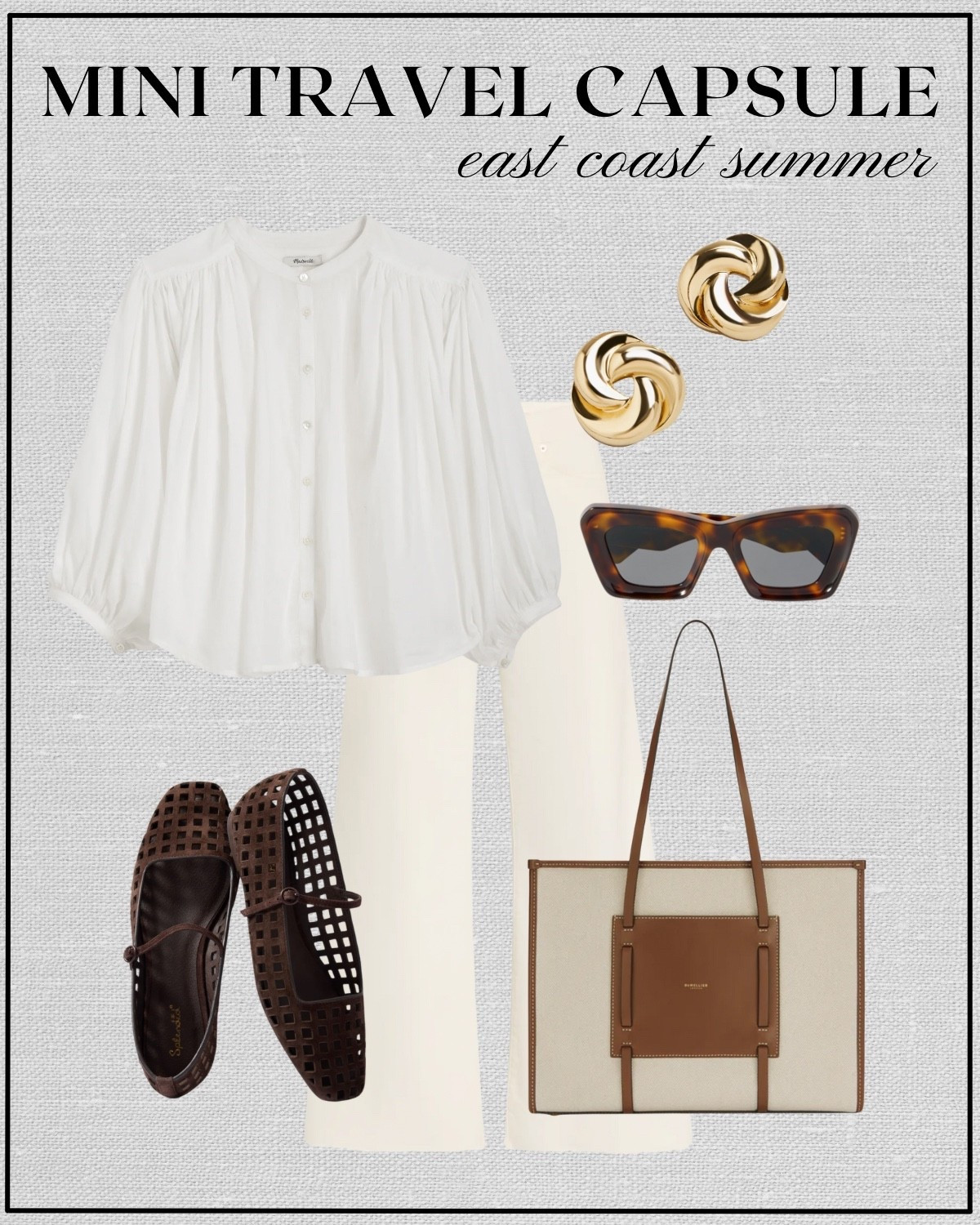 Mini travel capsule: east coast summer outfit inspo

Summer style / relaxed style / cream wide leg jeans / teacher outfit / white blouse / chocolate brown mesh ballet flags / Demellier tote / tortoise shell sunglasses 

#LTKStyleTip #LTKTravel