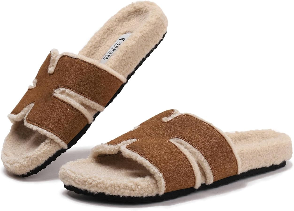 Genuine Suede Fuzzy Slippers for Women Indoor Outdoor House Slippers Fur Faux Shearling lined H s... | Amazon (US)