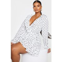 Plus White Polka Dot Frill Detail Wrap Dress | PrettyLittleThing CAN