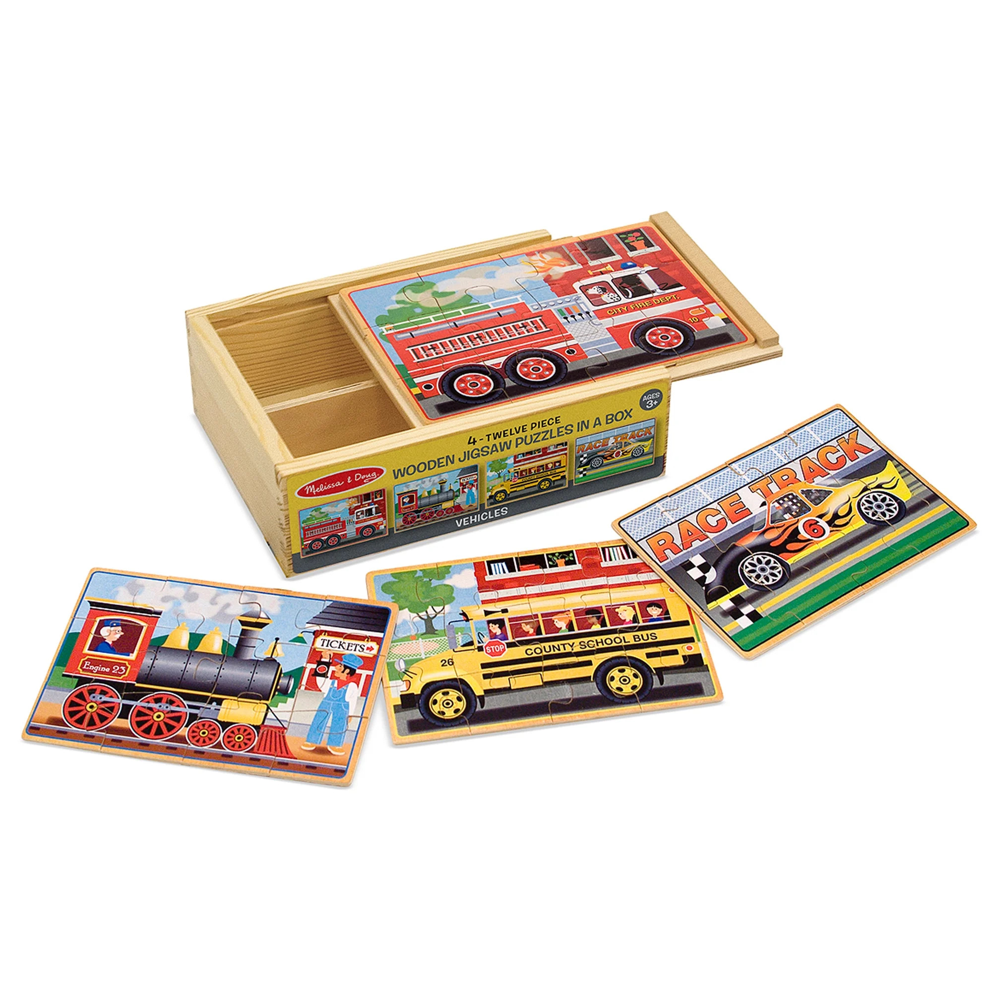 Melissa & Doug Vehicles 4-in-1 Wooden Jigsaw Puzzles in a Storage Box (48 pcs) | Walmart (US)