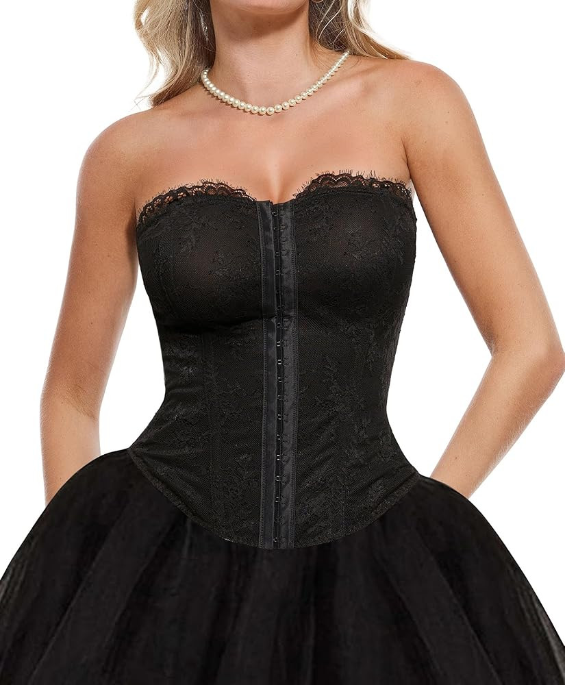 Popilush Corset Tops for Women - Shapewear Lace Top Detachable Strap Bustier with Buckle Summer S... | Amazon (US)