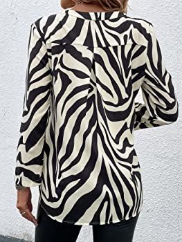 SOLY HUX Women's Zebra Print Blouses Notched V Neck Roll Up Long Sleeve Pocket Blouse Tops | Amazon (US)