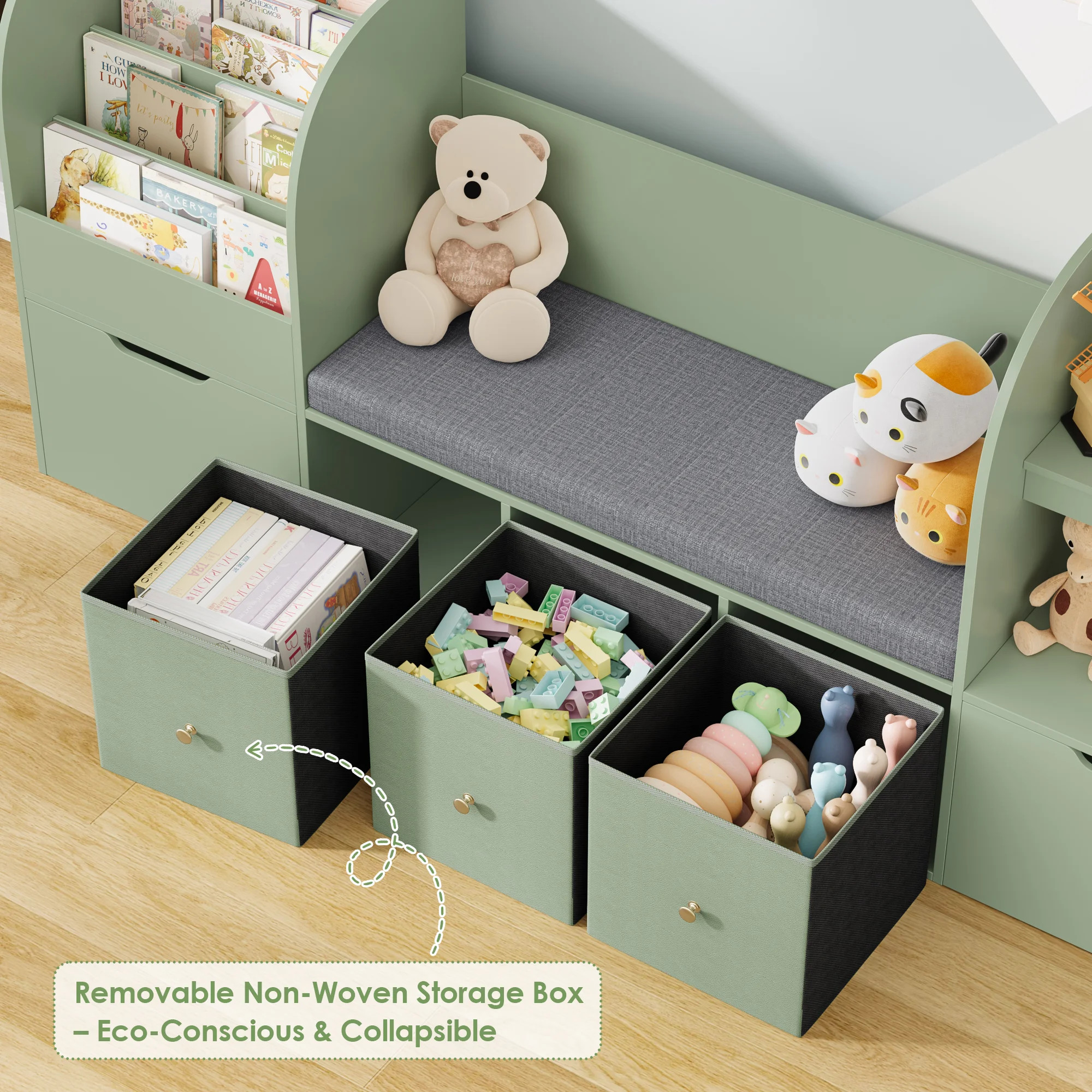 71.1"W Wood Kids Bookcase With 5 Drawers, Seat Cushion, Reading Nook & Toy Organizers | Wayfair North America